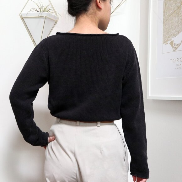 90s Knit Black Sweater w/ Geometric Zigzag Diamond Pattern by Ralph Lauren - Picture 5 of 7